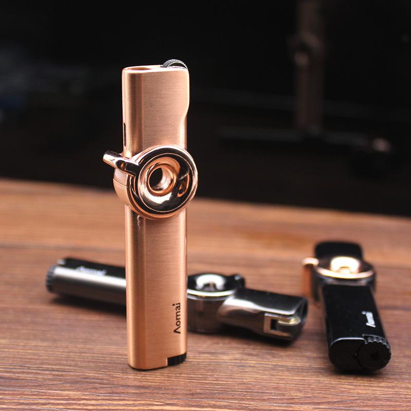 Aomai Web Celebrity Lighter Creative Rotary Switch Windproof Round Hole Blue Flame Straight Metal Plating Personality Men's Gift For Ci W260202