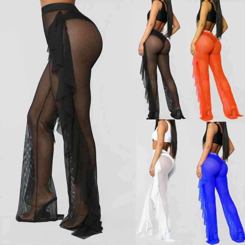 women beach high waist fishnet mesh ruffles see-through sheer wide leg pants bikini cover up trousers, White;black
women beach high waist fishnet mesh ruffles see-through sheer wide leg pants bikini cover up trousers, White;black
