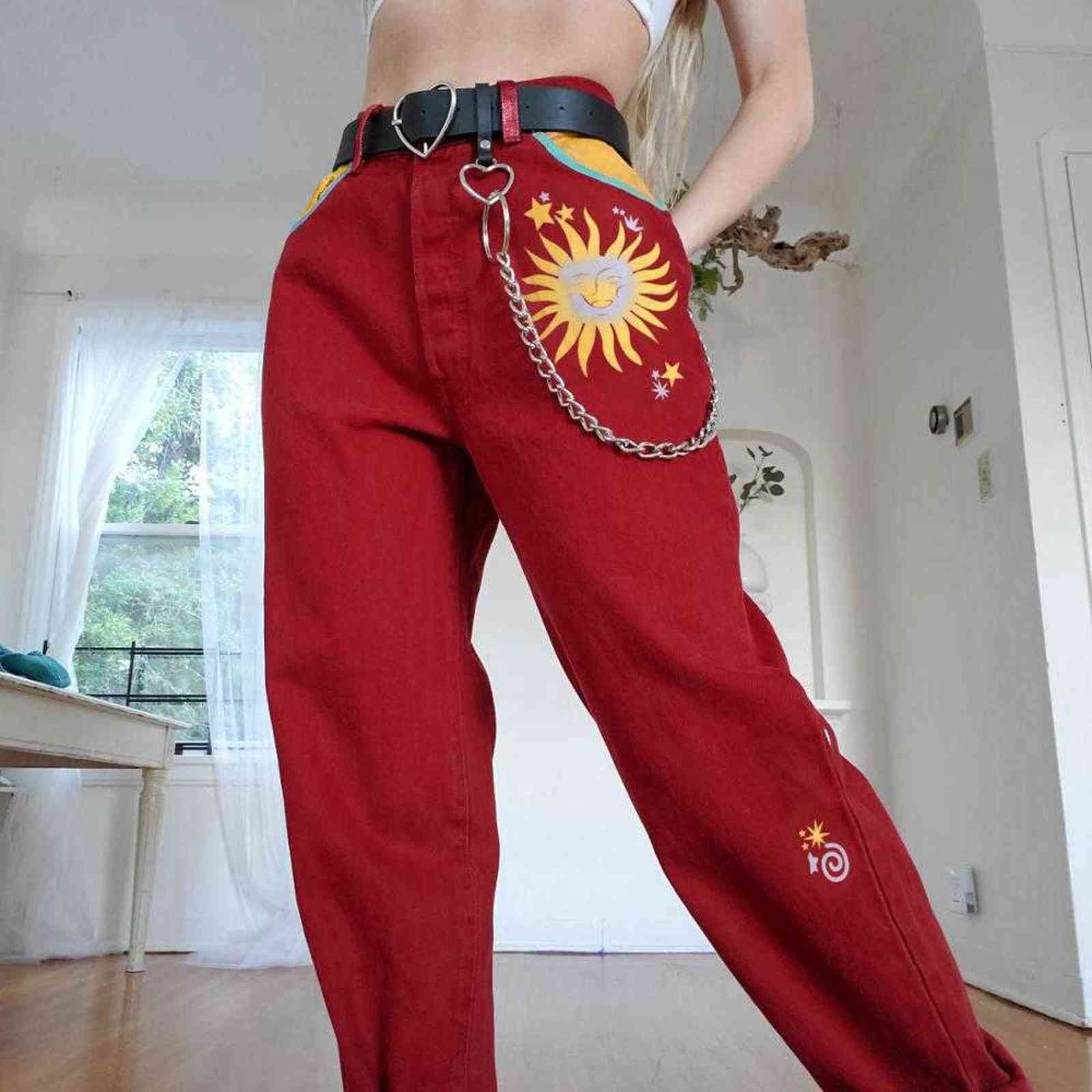 Women's Casual Sun Print Straight Trousers Red Streetwear Long Pants Harem For Women High Waist Ladies Vintage 211115