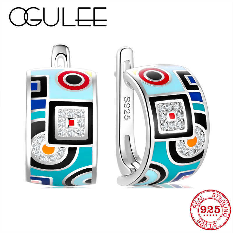 OGULEE Arrival 925 Silver Stud Earrings Round Shape blue-green Enamel Classic pattern CZ For Women Fine Jewelry 210616