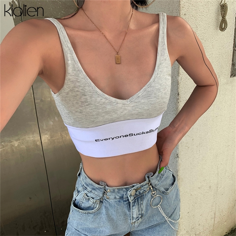KLALIEN Summer Sexy Camisoles Women Crop Top Sleeveless Deep V-neck Slim Lady Long elastic band decoration Strap Skinny Camisole 210308
