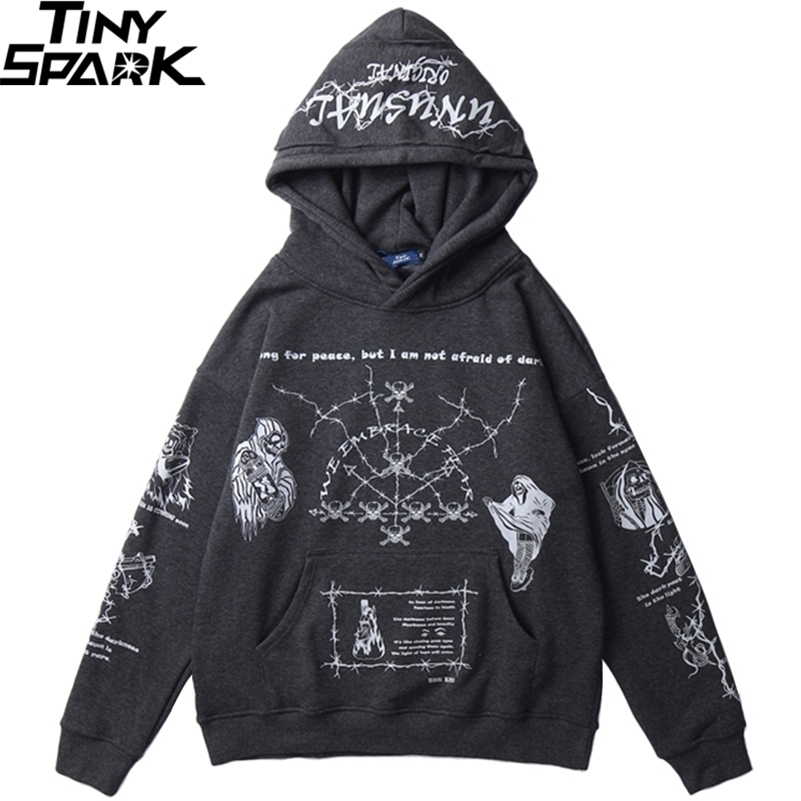 Hip Hop Hoodie Sweatshirt Men Streetwear Skull Graffiti Print Hoodie Pullover Cotton Autumn Grey Harajuku Punk Clothes New 201104