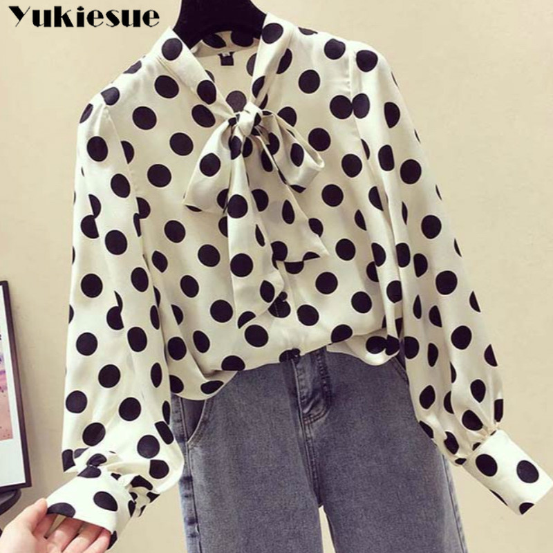 summer long sleeve dot print women's shirt blouse for women blusas womens tops and blouses chiffon shirts ladie's top plus size 210308