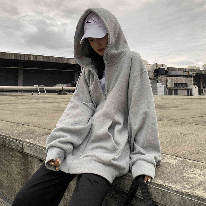 Women Jacket Blouses Sweatshirts Casual Couple Tops Thicken Gray Hoodie Long Sleeve Loose Simple Coat Veste Femme Bomber Jacket 211108