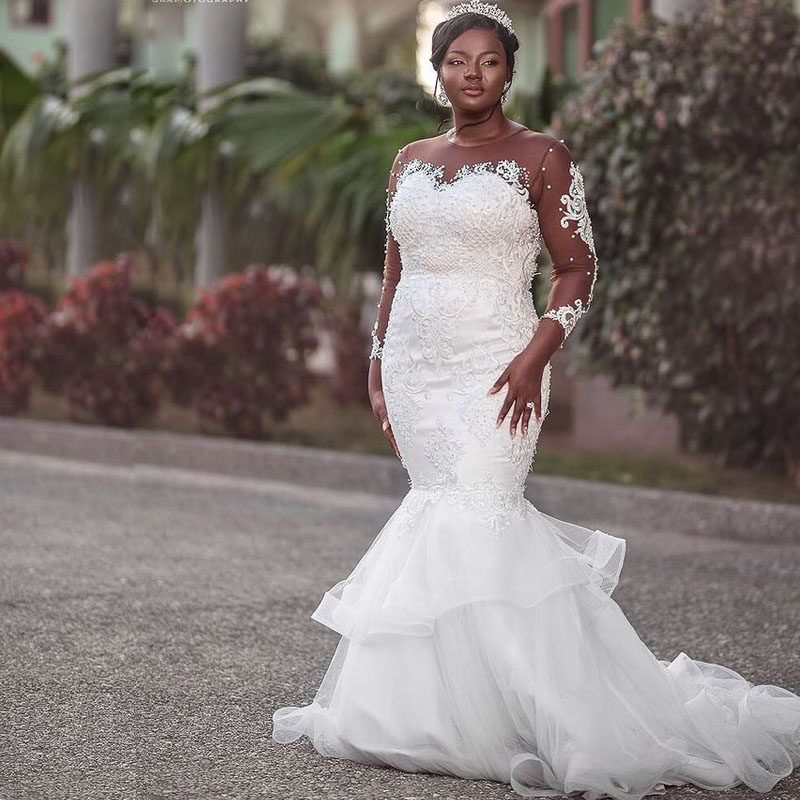 African Lace Beads Mermaid Wedding Dresses Sheer Long Sleeves 2021 Appliques Elegant Long Women Bride Dress Formal Bridal Gowns Plus Size