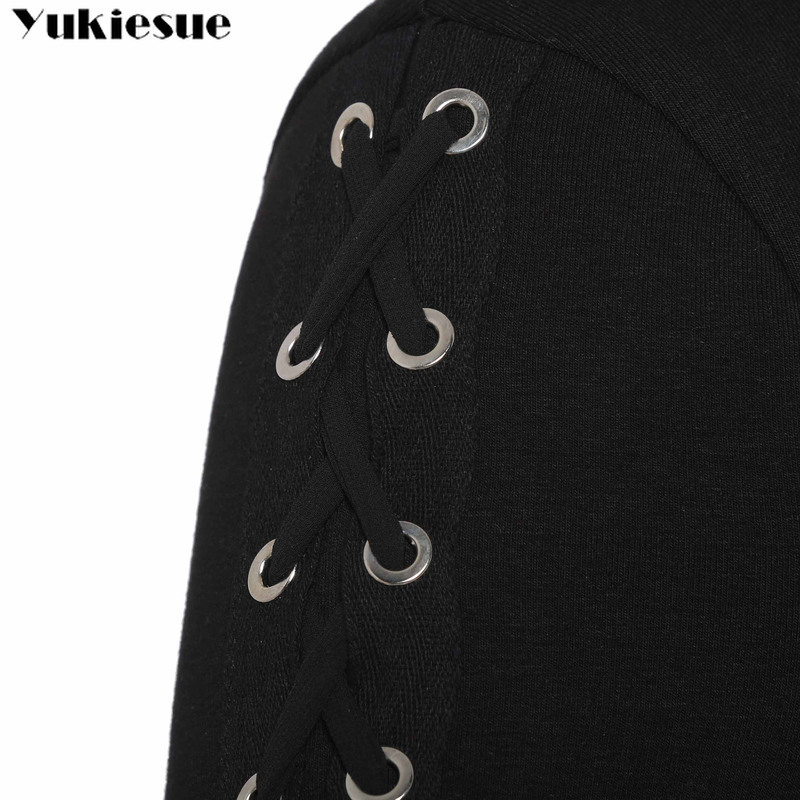 Gothic Punk Women Hoodies Lace up Hooded Long Sleeve Casual Harajuku Darkness Autumn winter Goth Black Sweatshirt Plus Size 201113