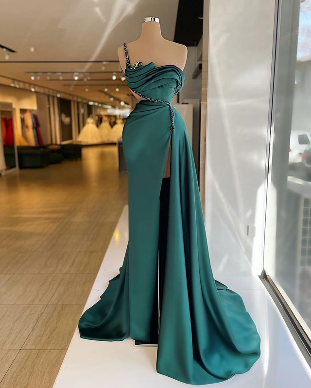 Aso Ebi 2021 Arabic Hunter Green Stylish Evening Dresses One Shoulder Prom Dresses High Split Formal Party Second Reception Gowns ZJ477