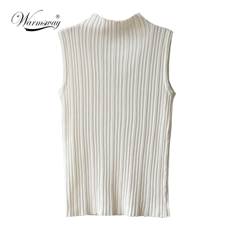 High Quality Summer Women Mock Neck Top Turtleneck Sleeveless T-Shirt Slim Knitted Vest Elegant Female Tee Knitwear B-013 210306
