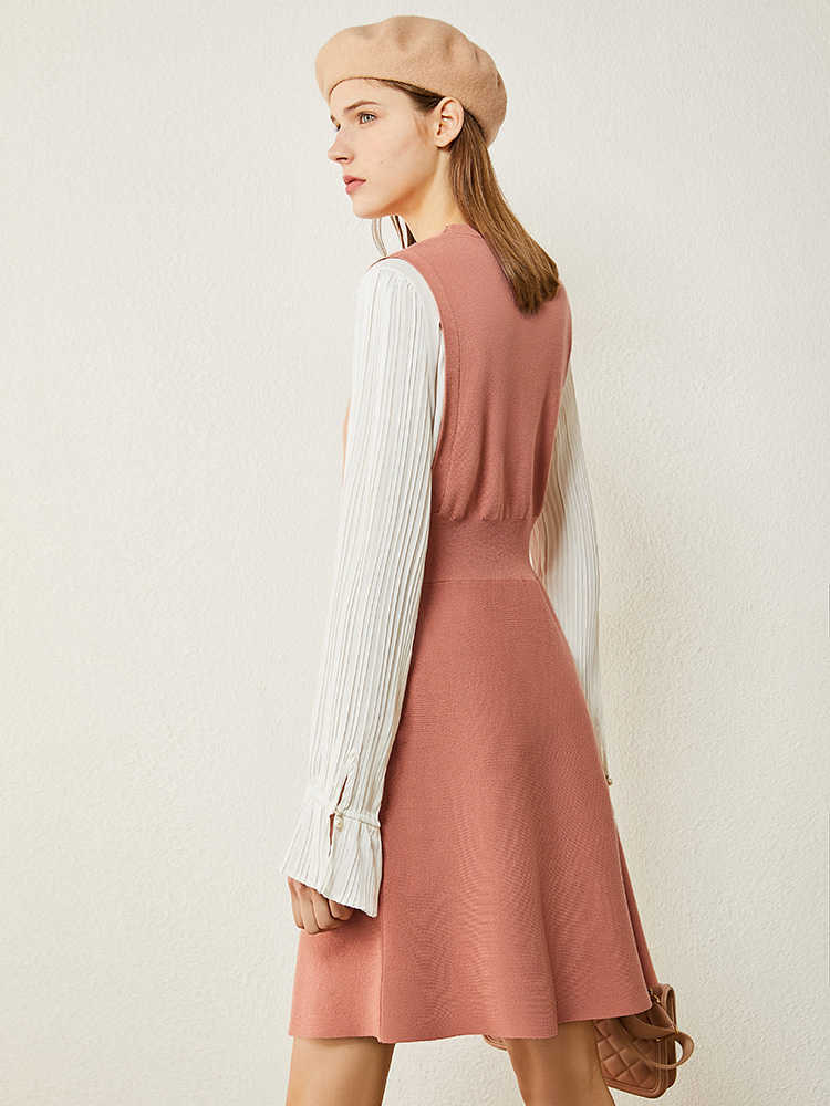 Minimalism Autumn Women's Dress Fashion French Style Oneck Patchwork High Waist Knee-length Dresses For Women 12030479 210527