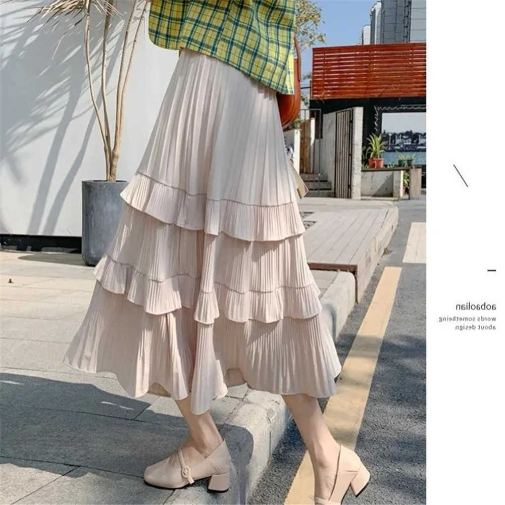 Women Pleated Skirt Black White Korean Style Long Summer Chiffon Layer Cake Sun Female Elegant 210619wtt