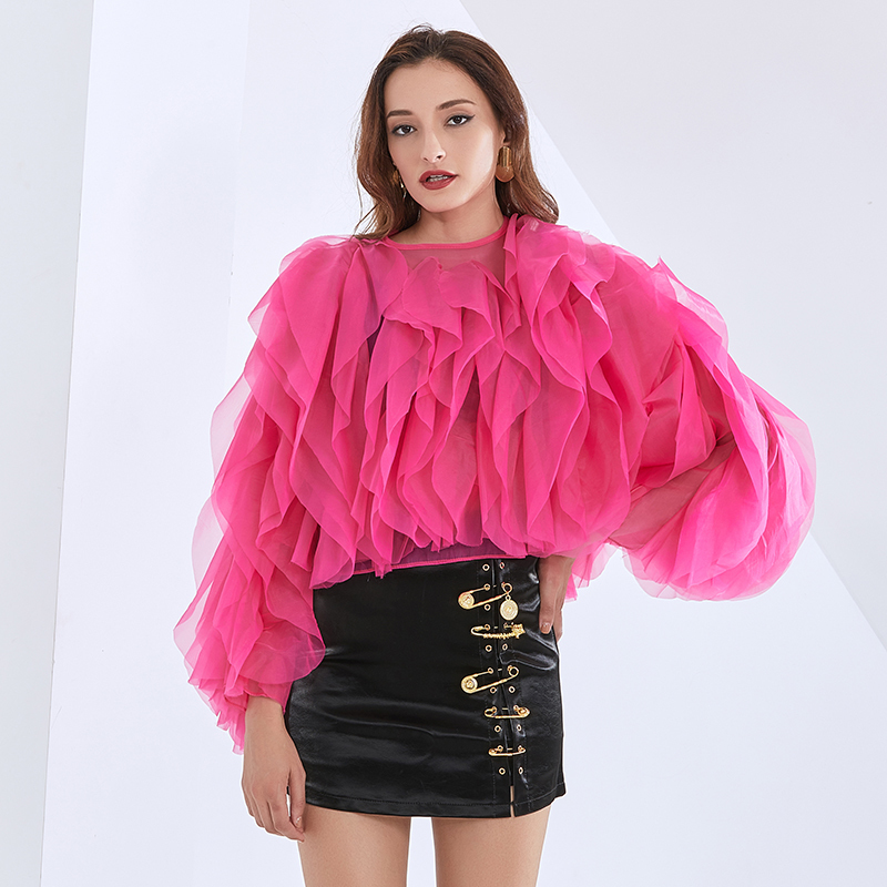 TWOTWINSTYLE Patchwork Ruched Shirt For Women O Neck Lantern Sleeve Casual Elegant Black Blouse Female Fashion New Clothing 210225