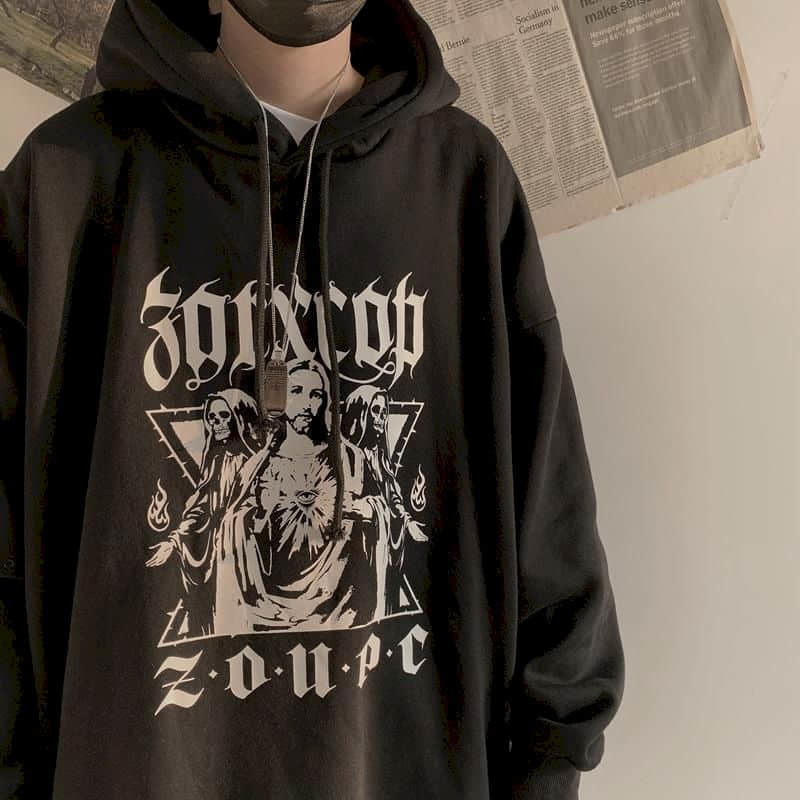 Autumn winter gothic hoodies men clothes punk tops Korean ins retro dark character print loose plus velvet hooded sweater coat 201103