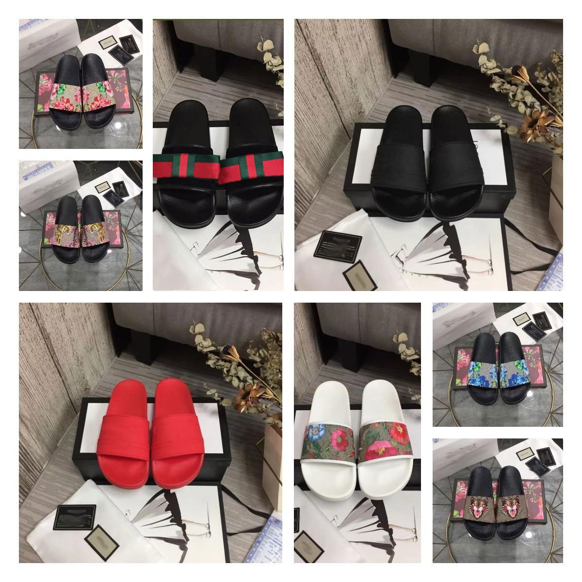 Designer Womens Slippers Blooms Slides Men Slipper Rubber Sandals Summer Sandal Flat Strawberry Tiger Bees Green Red White Shoes Flower Beach Slipper With Box 35-48