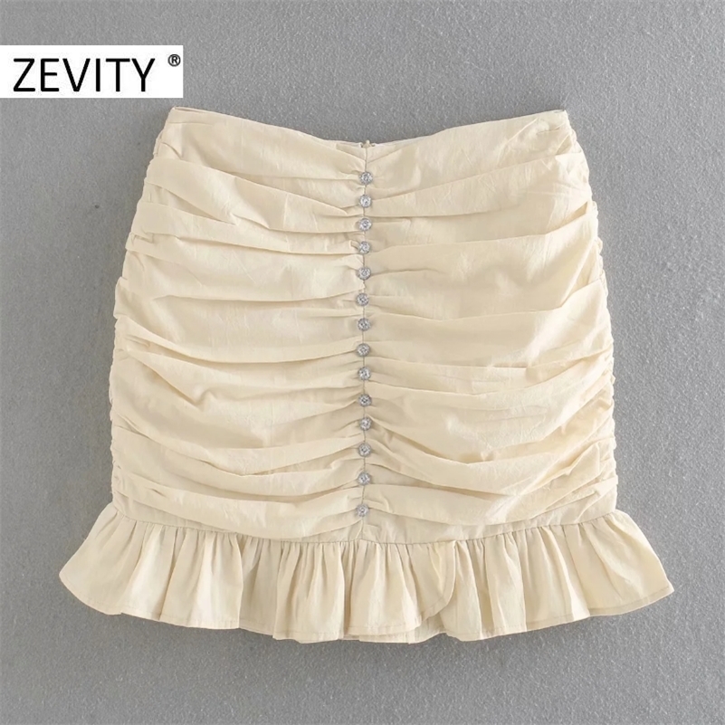 Zevity Women diamond button decoration pleated slim skirt faldas mujer ladies back zipper vestido chic hem ruffles skirts QUN675 210306