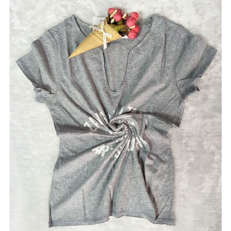 Women Tshirt Spring Summer Women Short Sleeve T-shirt with Letter Print Rhinestones and Buttons 210306