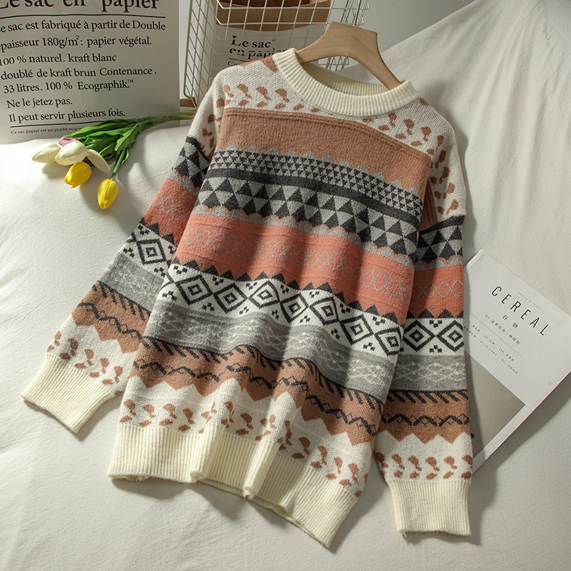 Ezgaga Argyle Sweater Women O-Neck Loose Graphic Tops Autumn New Long Sleeve Pullover Knitting Sweaters Vintage Streetwear 210218