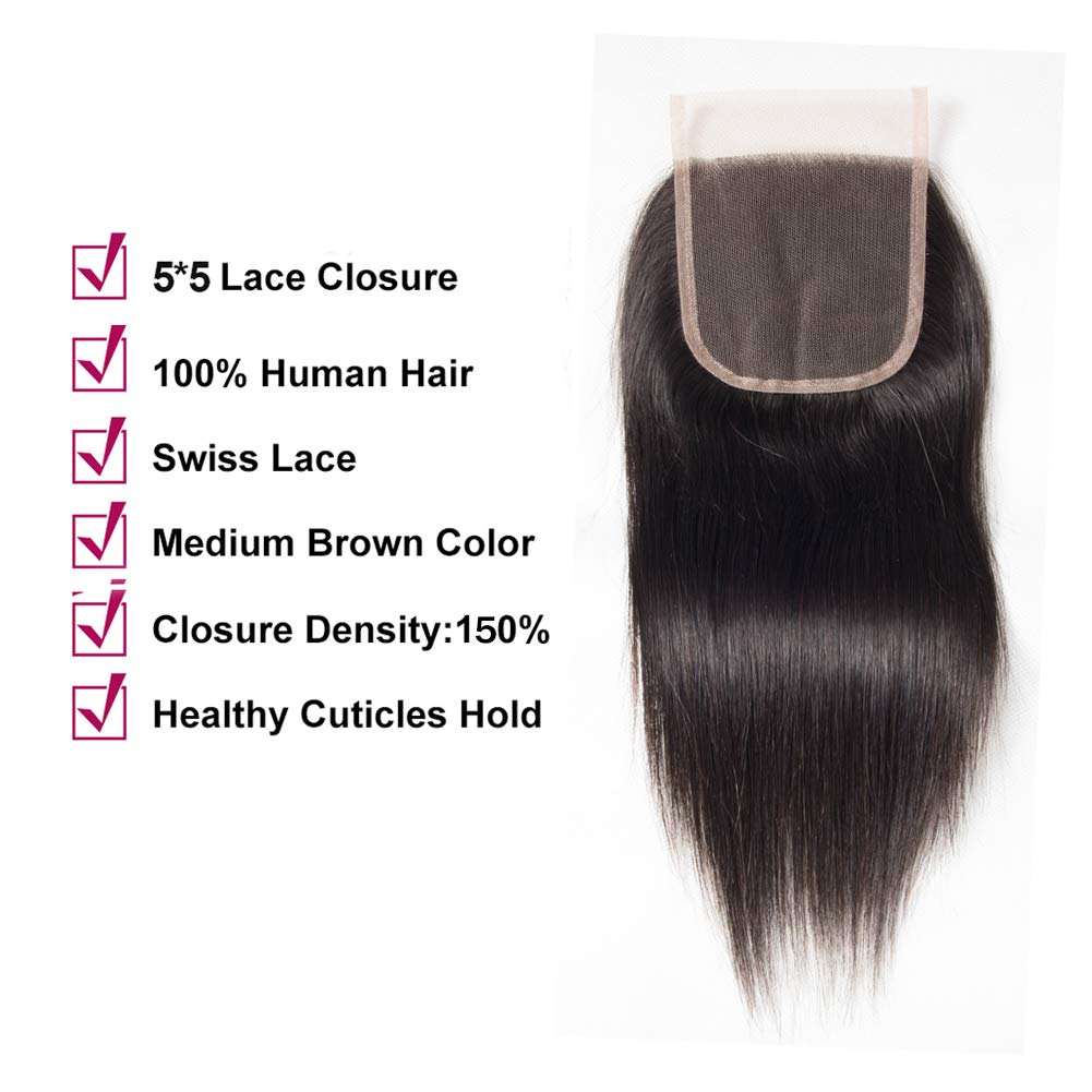 5x5 Straight Human Hair Transparent Lace Closures Pre Plucked Natural Hairline Bleached Knots