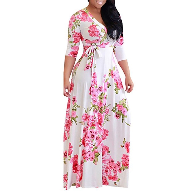 MC European and American Autumn Ladys Clothes Printed Dress New Large Size Dress Women's Longsleeved Vneck Waist Dress T200319