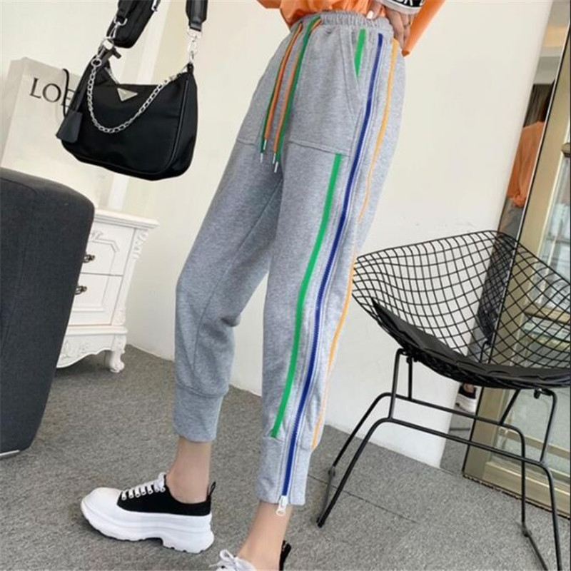 Joggers Women Elastic High Waist Harem Pants Streetwear Sweatpants for Women Casual Harajuku Rainbow Side Stripe Zipper Pants 201012