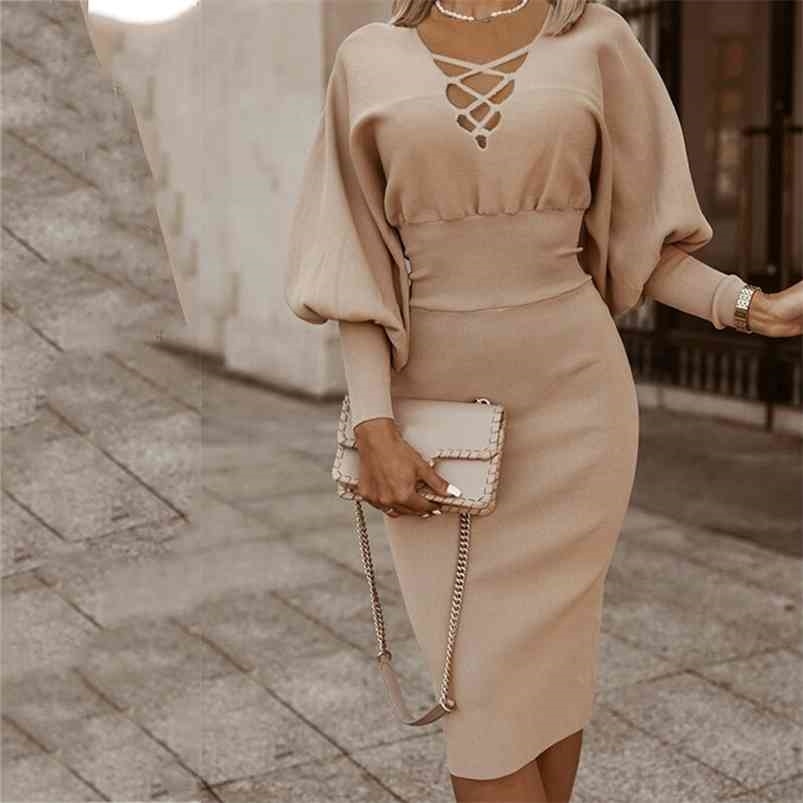 Fall Women Vintage Dress Elegant Solid Color Bodycon Slim Party V Neck Lantern Sleeve Ribbing Winter Midi 210623