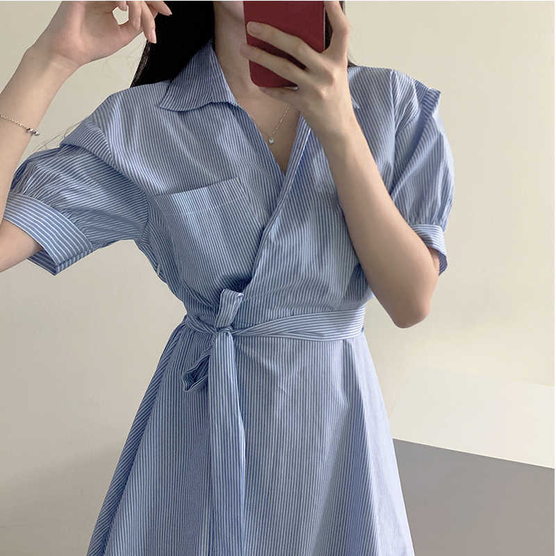 Striped Blouse Dresses Bow Tie Slim Waist Elegant Vestidos Summer Puff Sleeve Turn-down Collar Woman Dress 6H726 210603