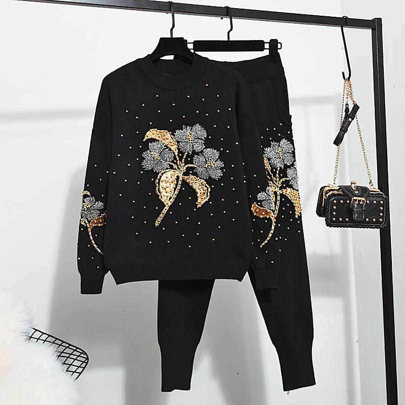 Women' Two Piece Pants Fashion Beading Flowers Knitted Tracksuits Set Women Loose Casual Black Long Sleeve Knit Sweater Pencil Outfits 2pc
Women' Two Piece Pants Fashion Beading Flowers Knitted Tracksuits Set Women Loose Casual Black Long Sleeve Knit Sweater Pencil Outfits 2pc
