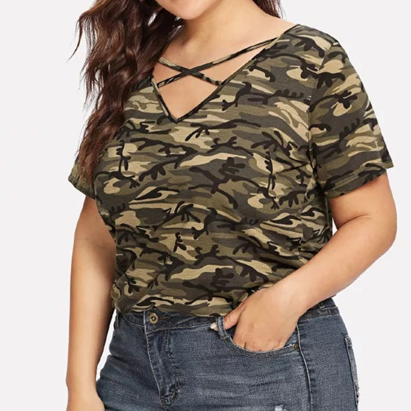 Plus Size Ripped Hollow Out Camouflage Printing Tees 3XL 4XL Women Summer Streetwear Lace Up Short Sleeve T-Shirts Tops 210306