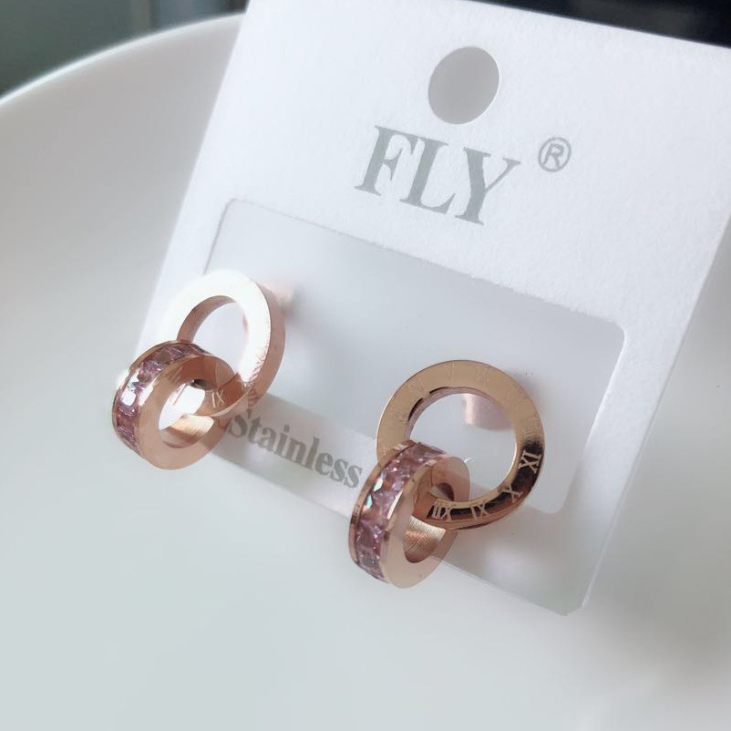 New Trendy Double Circle Roman Numerals Diamond Stud Charm Earrings Stainless Steel Earring