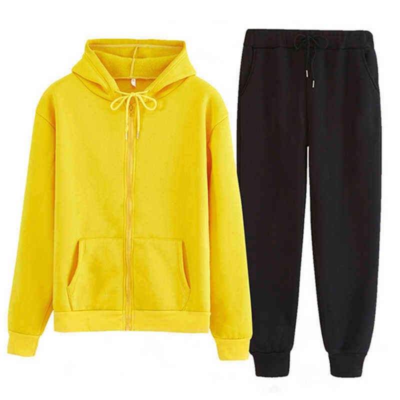 Women Tracksuit Men 2 Pieces Set Autumn Winter Hooded Sweatshirt+Pants Solid Color Zipper Hooded with Pockets Sportswear Outfits 211116