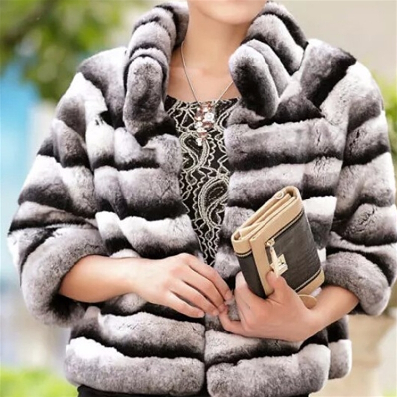 natural chinchilla Rex Rabbit fur coat jacket short overcoat stand collar striped outerwear coats women's winter clothing T200319