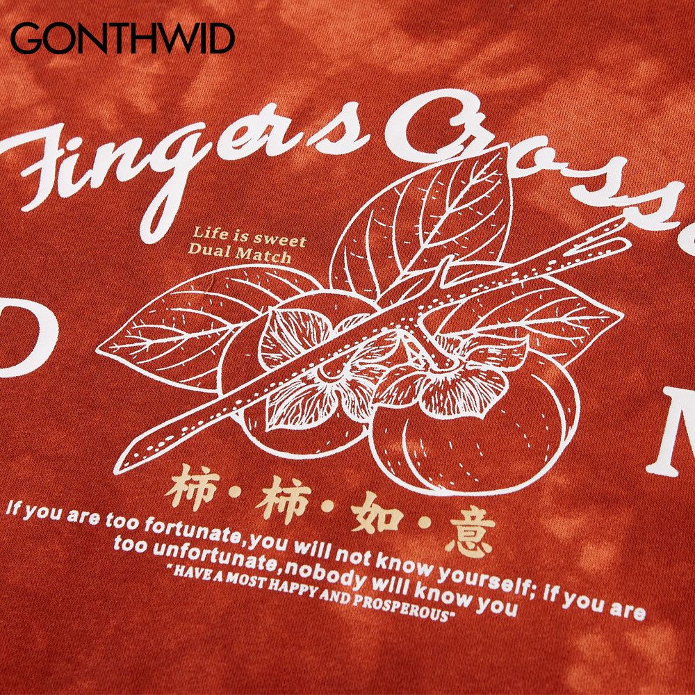 GONTHWID Chinese Characters Persimmon Print Fleece Tie Dye Hooded Sweatshirts Pullover Hoodies Streetwear Mens Hip Hop Tops 201113