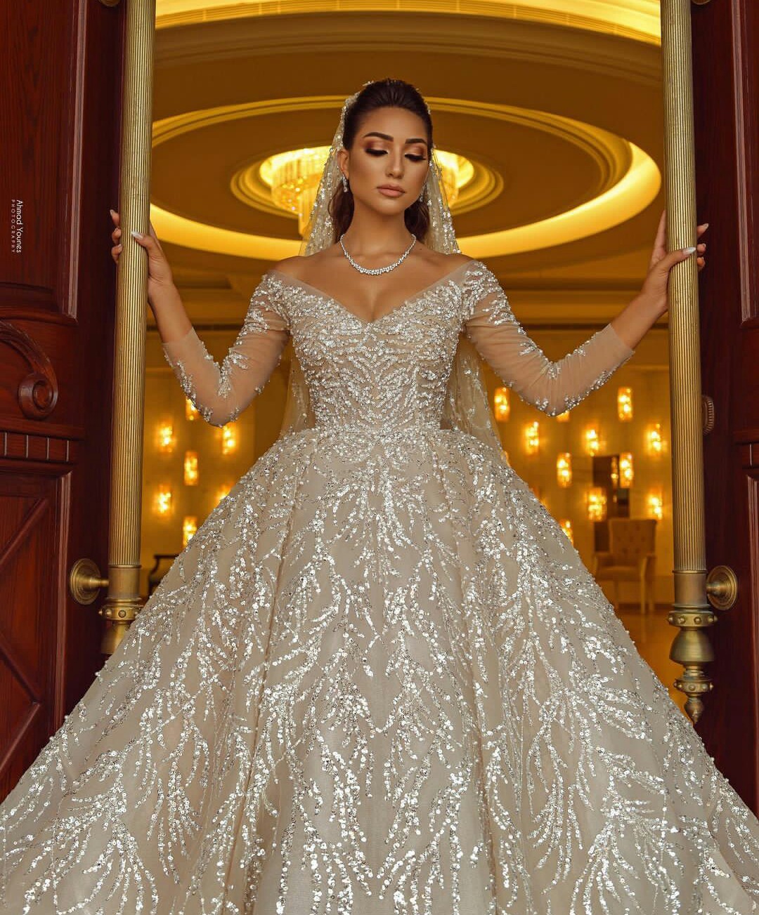 a line muslim wedding dress v neck illusion long sleeves cathedral bridal gowns custom made beading vestido de novia