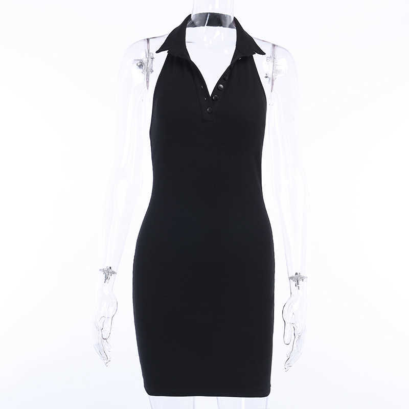 Women Halter V-Neck Mini Dresses Front Buttons Backless Elastic Knit Sexy Sleeveless Off Shoulder Summer Elegant 210526