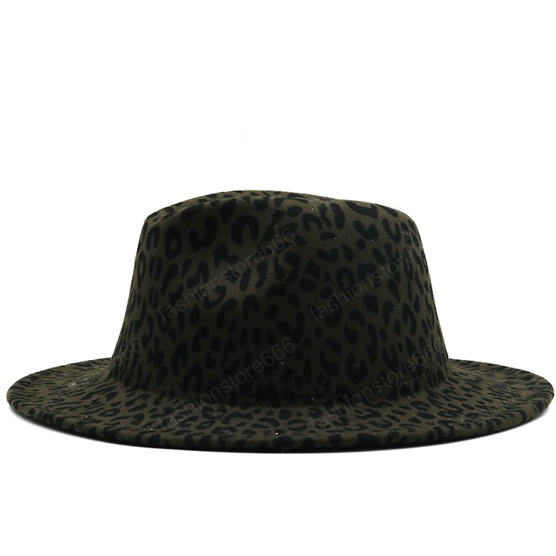 Wide Brim Army Green Leopard Red Bottom Fedora Ladies Wool Felt Hat Women Men Party Trilby Jazz Church Hats Patchwork Panama Cap