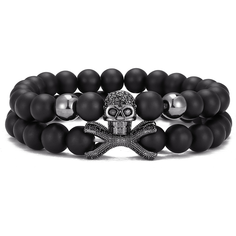 8MM Black Natural Stone Strands Bracelets CZ Micro Pave Skull Charm Bracelet 2PCS/Set