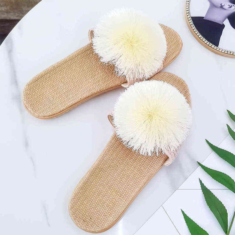 Women Slippers Summer Cute Sweet Flat Pompom Hemp Females Furry Indoor Casual Footwear Fashion Home Slides 211110