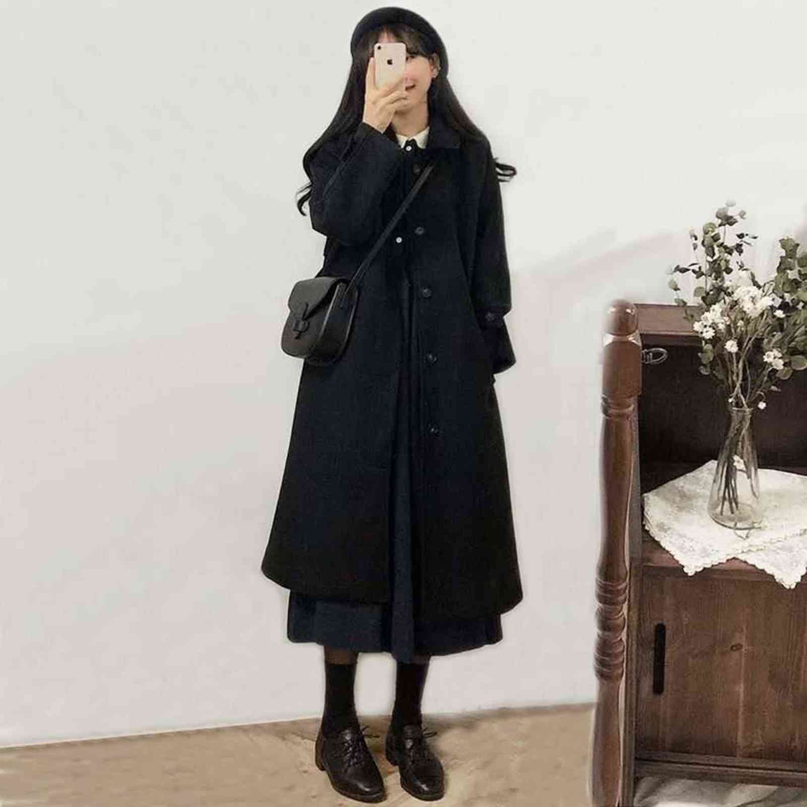 Woolen Coat Women's Mid-length Winter Korean Style Loose and Thin Thickened Over-the-knee Woolen Coat Parkas 211130