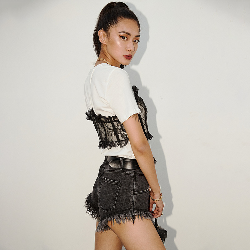 TWOTWINSTYLE Patchwork Lace Tube Top T Shirt For Women O Neck Short Sleeve Casual T Shirt Female Summer Fashion New Clothes 210306