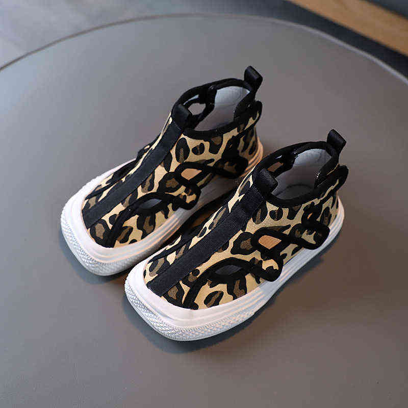 children autumn and spring canvas shoes high top girls fashion leopard shoes boys breathable lattice hollow sneakers G220308