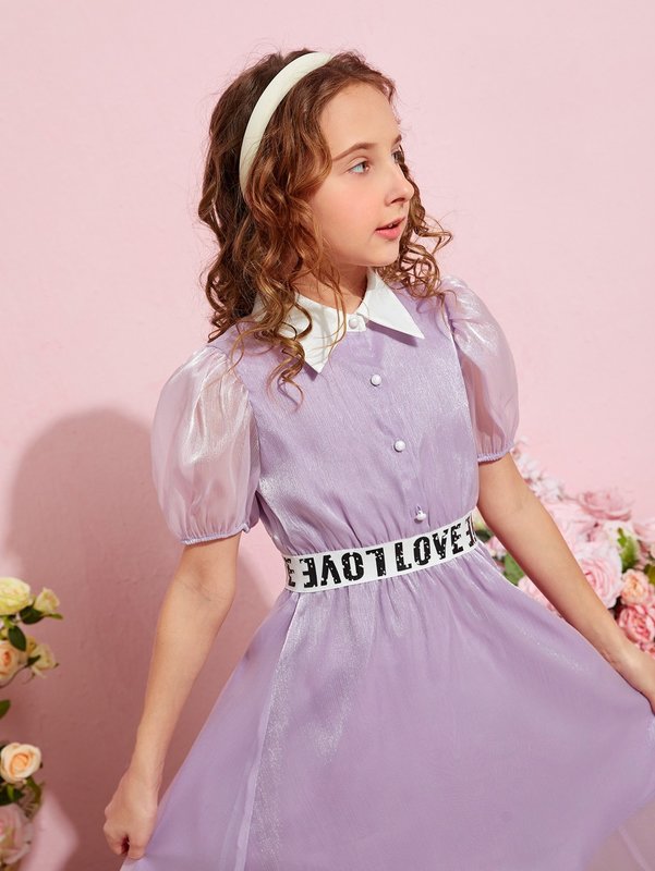 Girls Letter Tape Waist Puff Sleeve Mesh Dress SHE