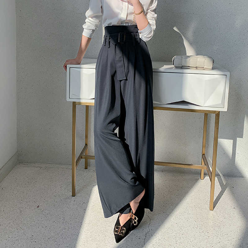 chic women's straight wide leg pants with belt Spring Summer female casual loose high waist pants Trousers 210702