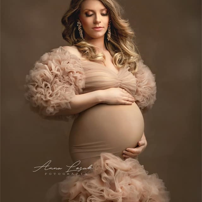 Floral Ruffled Bridal Maternity Dresses Sexy Slit Puffy Sleeve Elastic Custom Made Women Mermaid Party Dresses Plus Size 210224