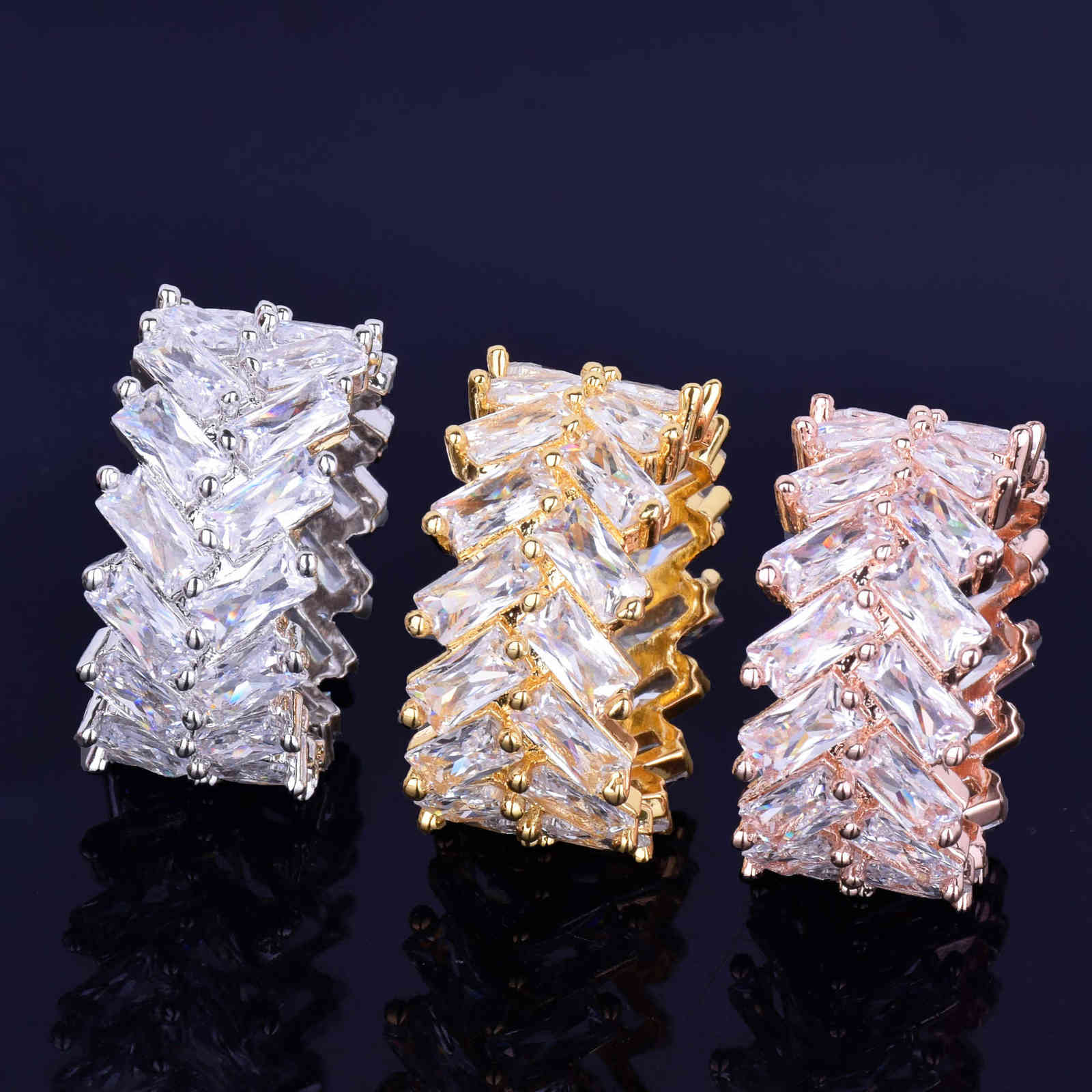 2 Row Baguette Zircon Men's Ring Copper Charms Gold Color Iced RING Fashion Hip Hop Rock Jewelry 210701