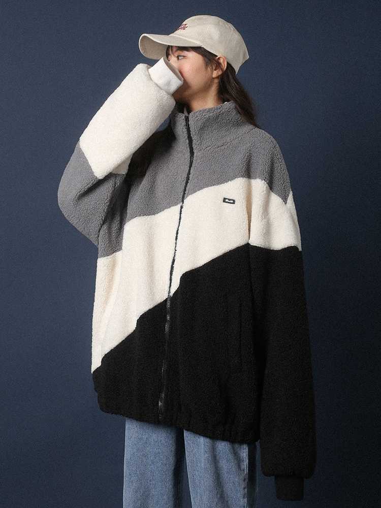 Qooth Ins Trendy Women's Winter Jacket Warm Zip Up Fur Coat Woolen Pocket Loose Style Oversized Patchwork Thick Coats S-XL QT303 210609