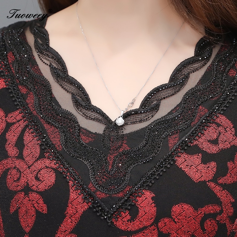 mujer de moda Ladies Large Size hollow out Lace V Neck see through shirt Long Sleeve blusa feminina elegant blouse 210225