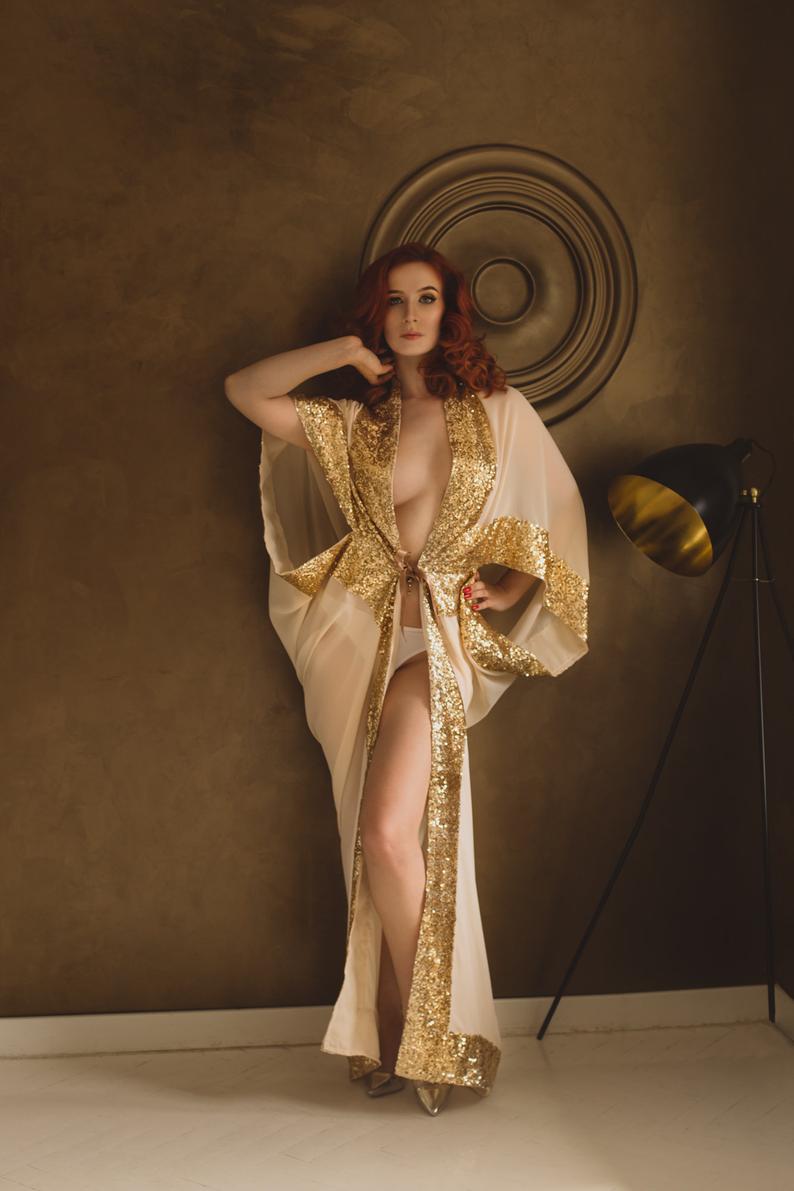 sexy deep v neck sleepwear photography props gold sequined bridal robes long sleeve women nightgowns