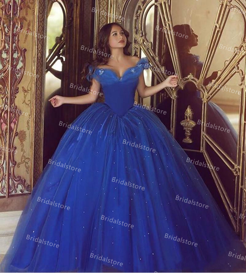Cinderella Blue Quinceanera Dresses Ball Gown Off the Shoulder Puffy Tulle Beaded Party Sweet 16 Dress Floor Length Vestidos 15 Anos Prom