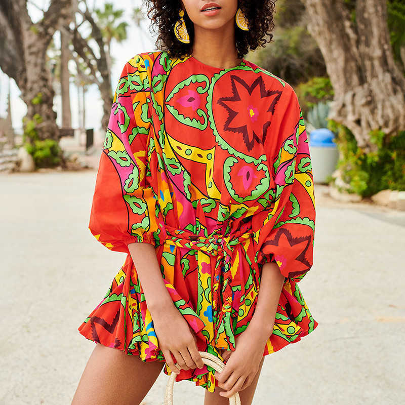 DEAT Spring Long Lantern Sleeve Floral Print O Neck High Waist Short Mini Pleated Dress With Belt Women MI320 210709, Red 
DEAT Spring Long Lantern Sleeve Floral Print O Neck High Waist Short Mini Pleated Dress With Belt Women MI320 210709, Red