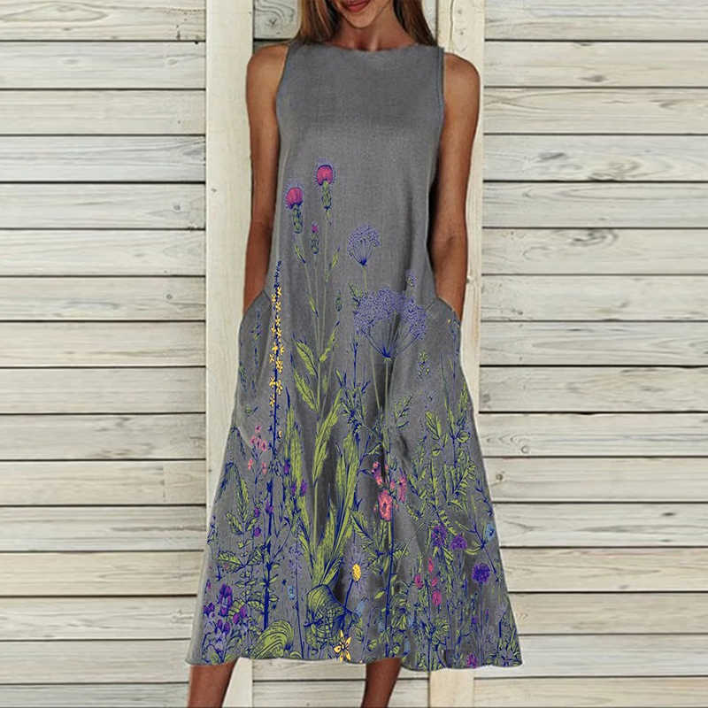 Dress retro print sleeveless summer women's casual pocket O-neck loose dress elegant female plus size banquet dress ins fashion 210630