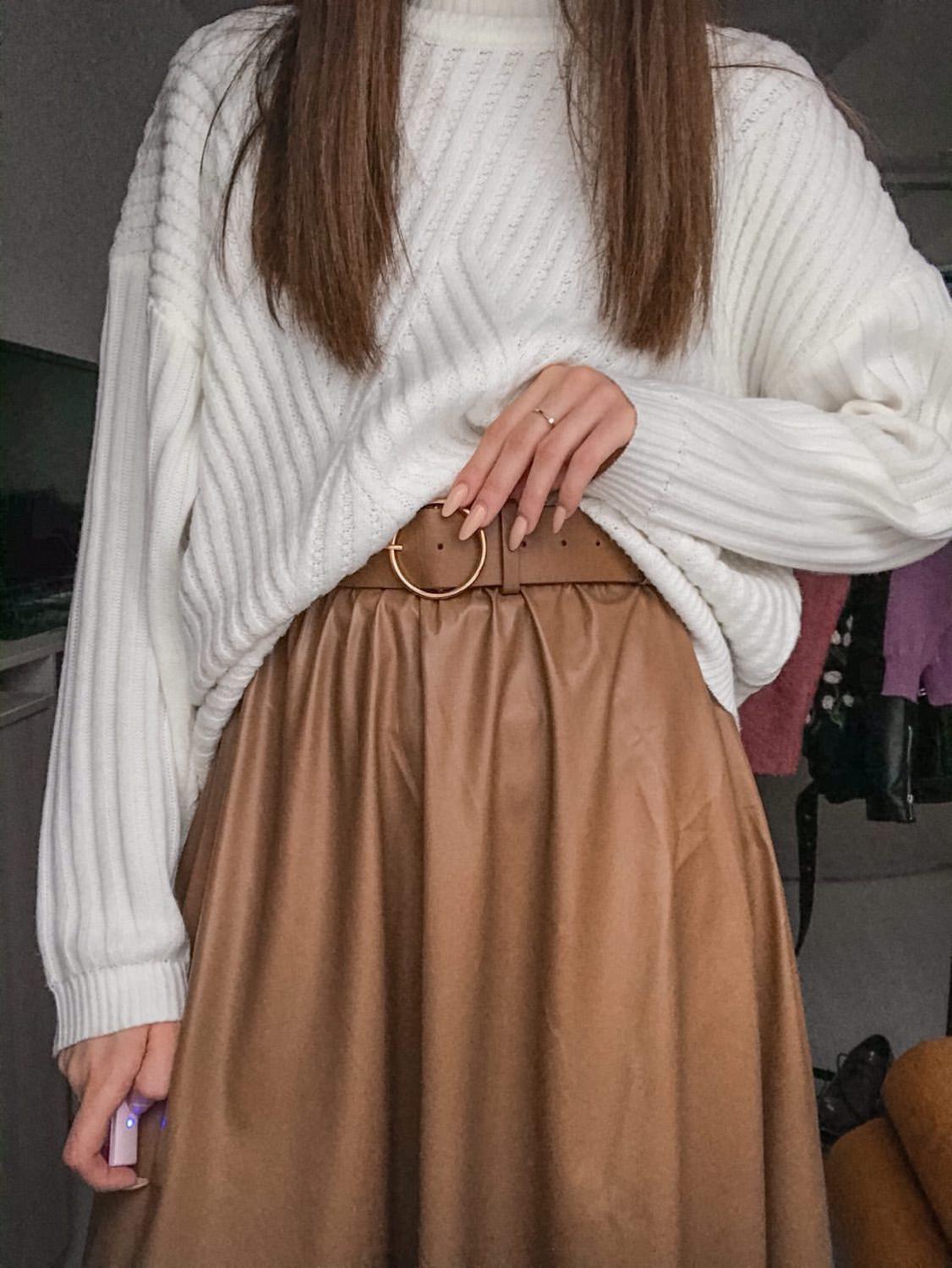 REALEFT Autumn Winter PU Faux Leather Long Skirts with Belt High Waist Elegant New A-line Chic Mid-calf Umbrella Skirts 210309